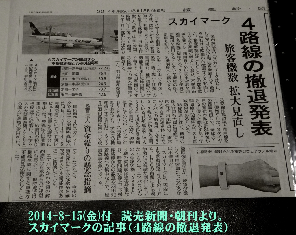 スカイマーク４路線の撤退発表（2014-10-26～）讀賣新聞(8/15)