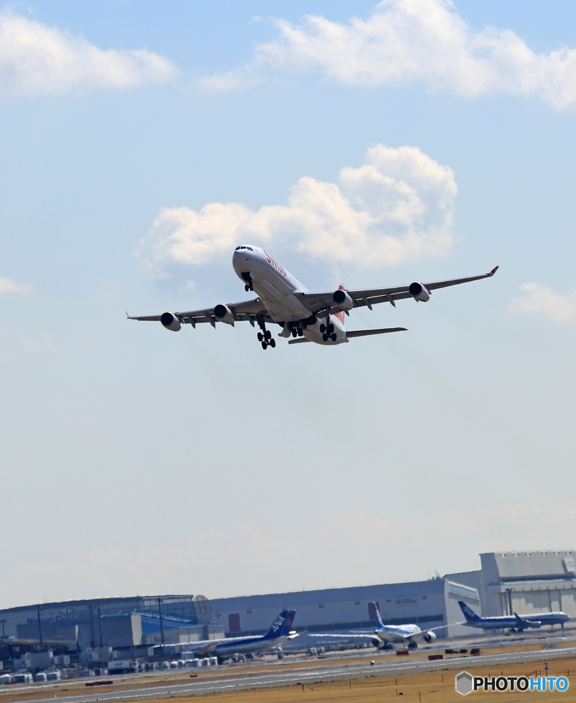 「SKY」 SWISS A340-313 HB-JMH出発