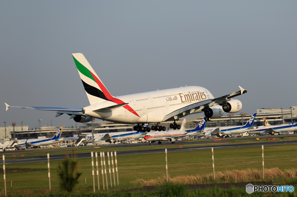 「良い天気」　Emirates A380 どうしても杭が残る　着陸