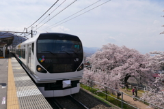 勝沼ぶどう郷駅で満開の桜とE257系