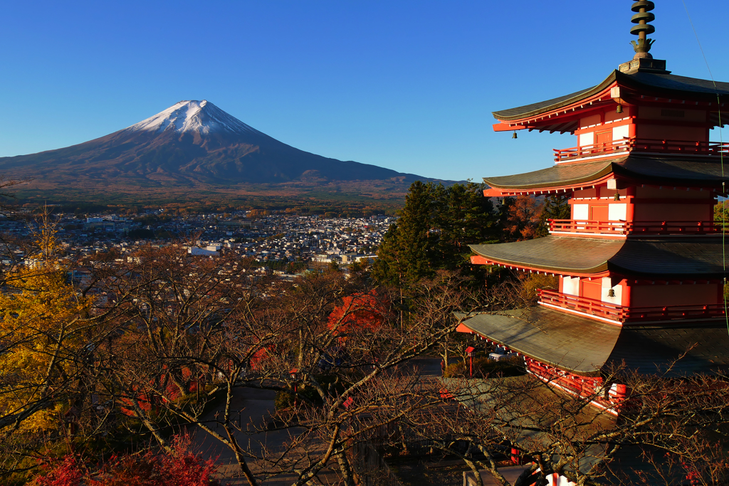 新倉山神社から富士山　紅葉と