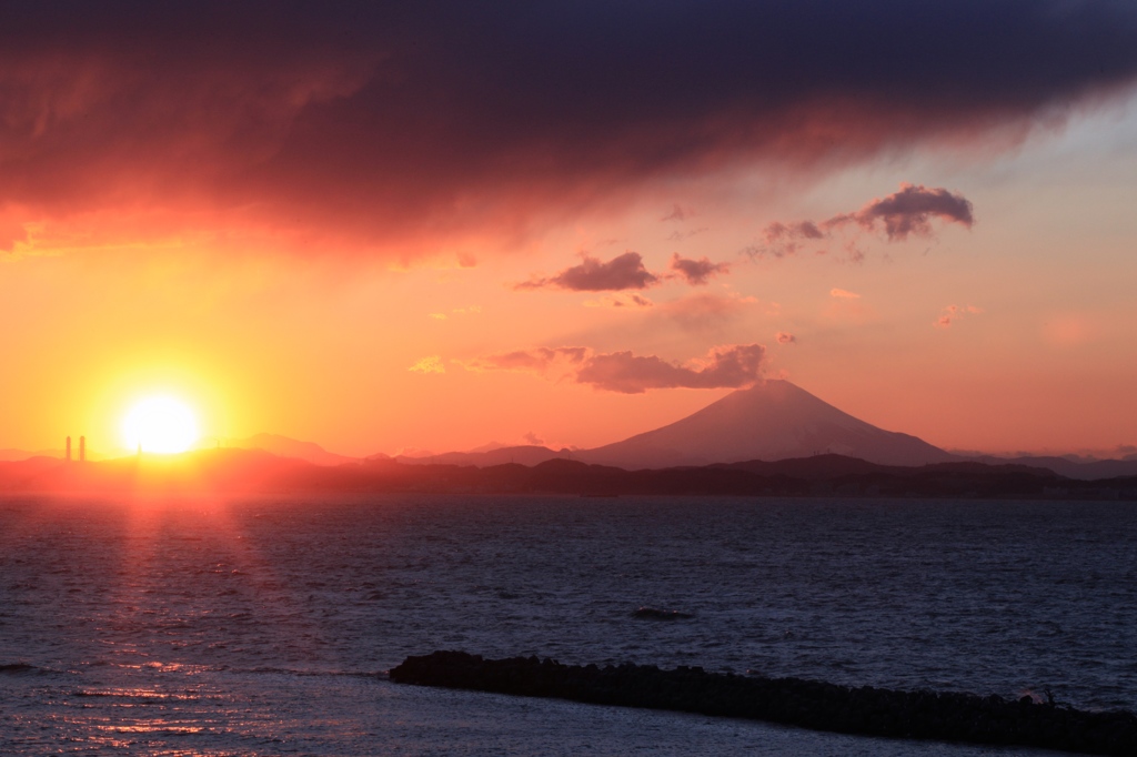 夕日と富士