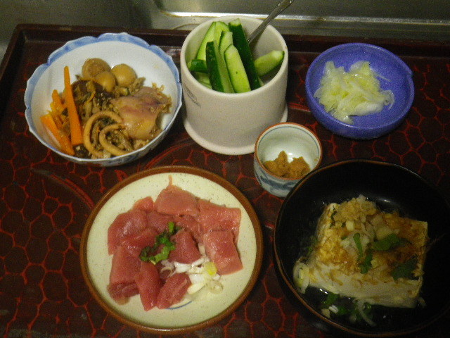 15.08.19　恥酒肴 ＿ イカと野菜・キノコを煮たやつ、マグロぶつ、他。