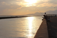 夕日と釣人