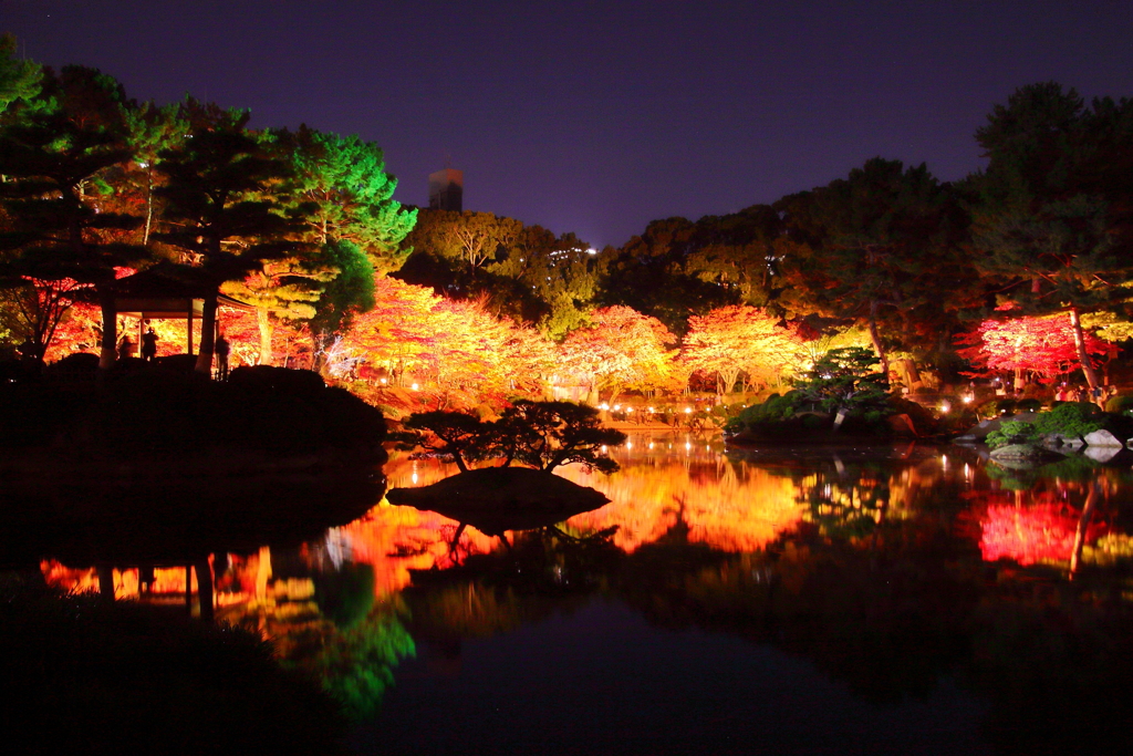 池の輝く秋の夜