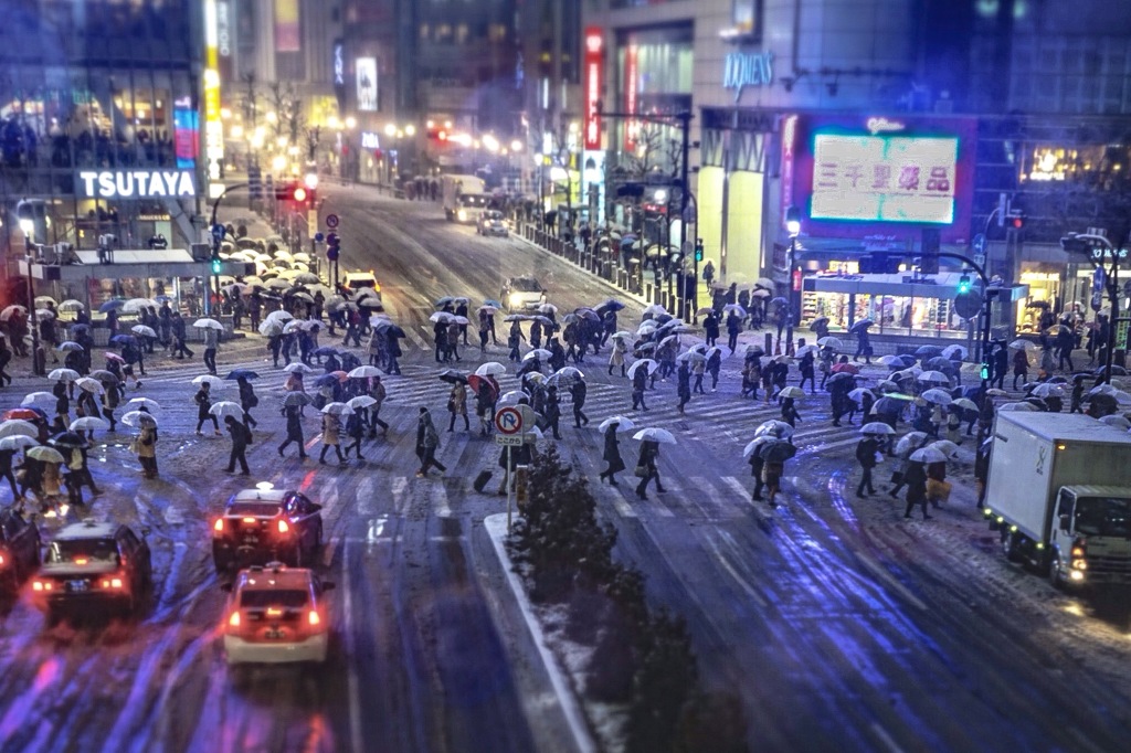 雪のスクランブル交差点(渋谷)