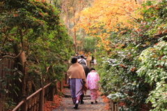 秋の京都を和服姿で行く母と娘