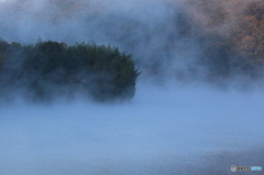 朝霧が立ち込めるダム湖