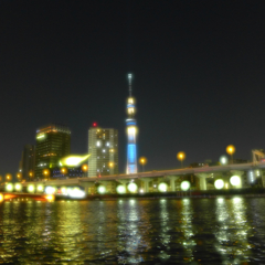 隅田川へ階段を下りて押上タワー・露光間デフォーカス