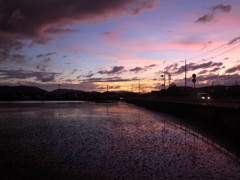 夕日とため池