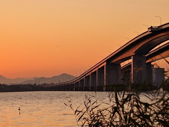 夕日に染まる琵琶湖大橋