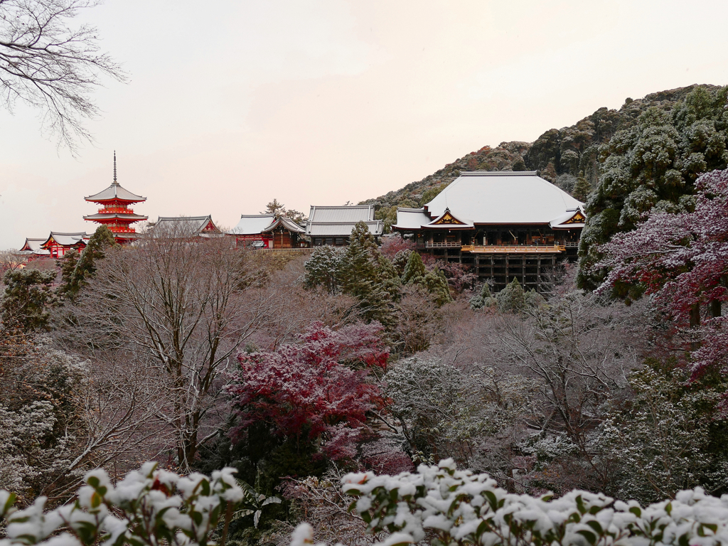 京都 清水寺 雪と紅葉の共演