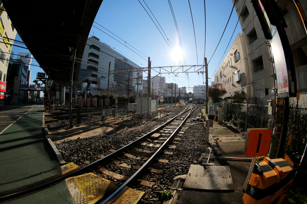 川越駅前を魚眼で撮影。踏切