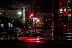 雨の踏切。