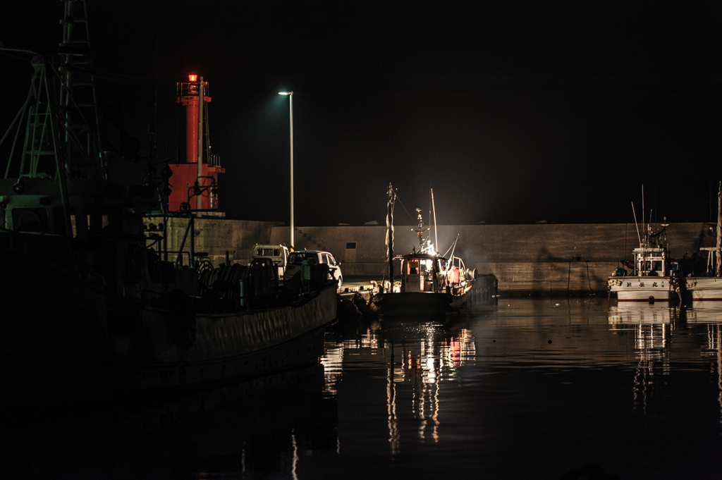 夜の大社漁港で。