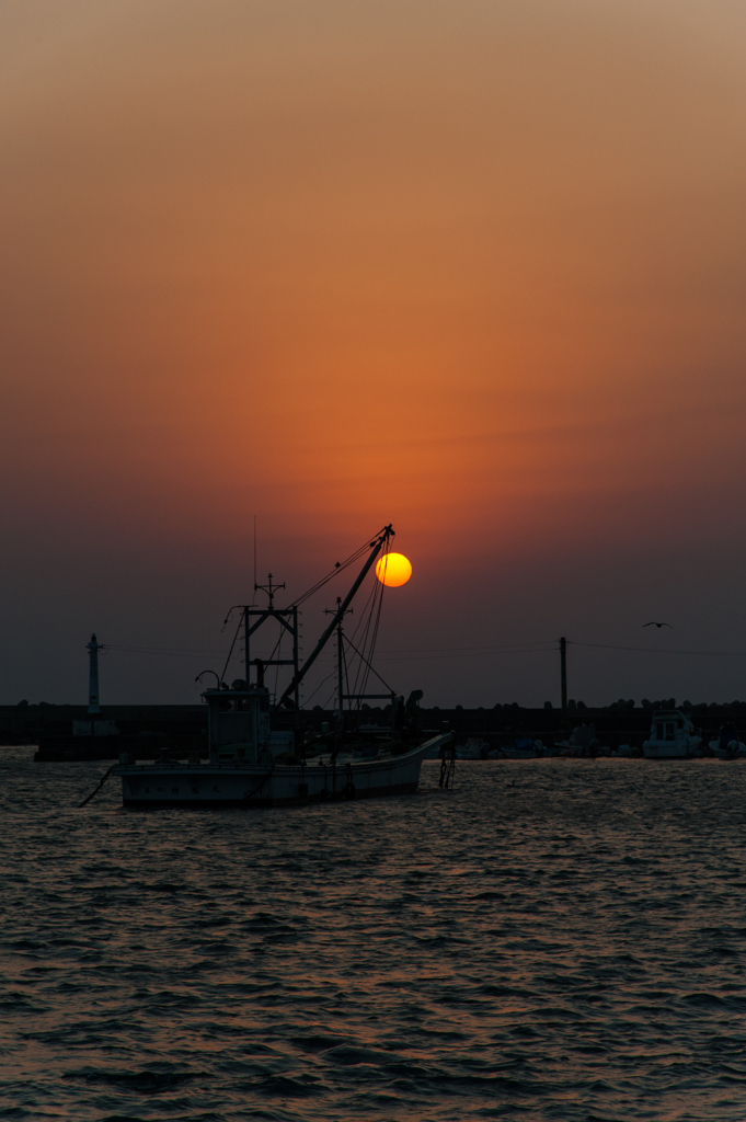 大社漁港、夕日。