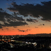 夕焼けの富士山と東京スカイツリー