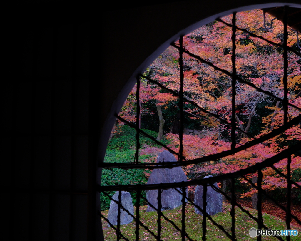 丸窓からの紅葉