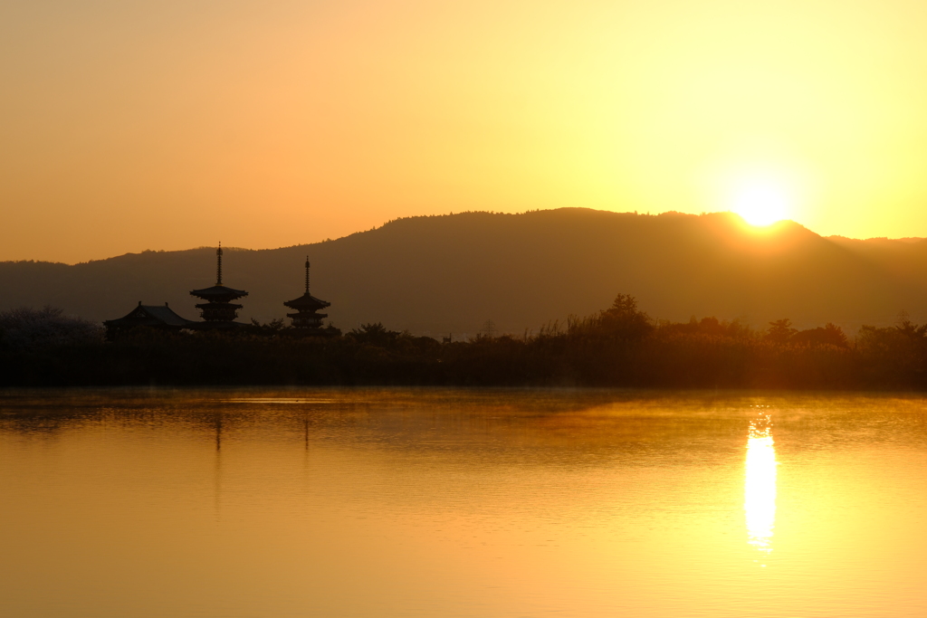 朝陽が灯る薬師寺