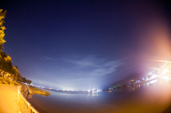 釜口水門付近からの諏訪の夜景と星空