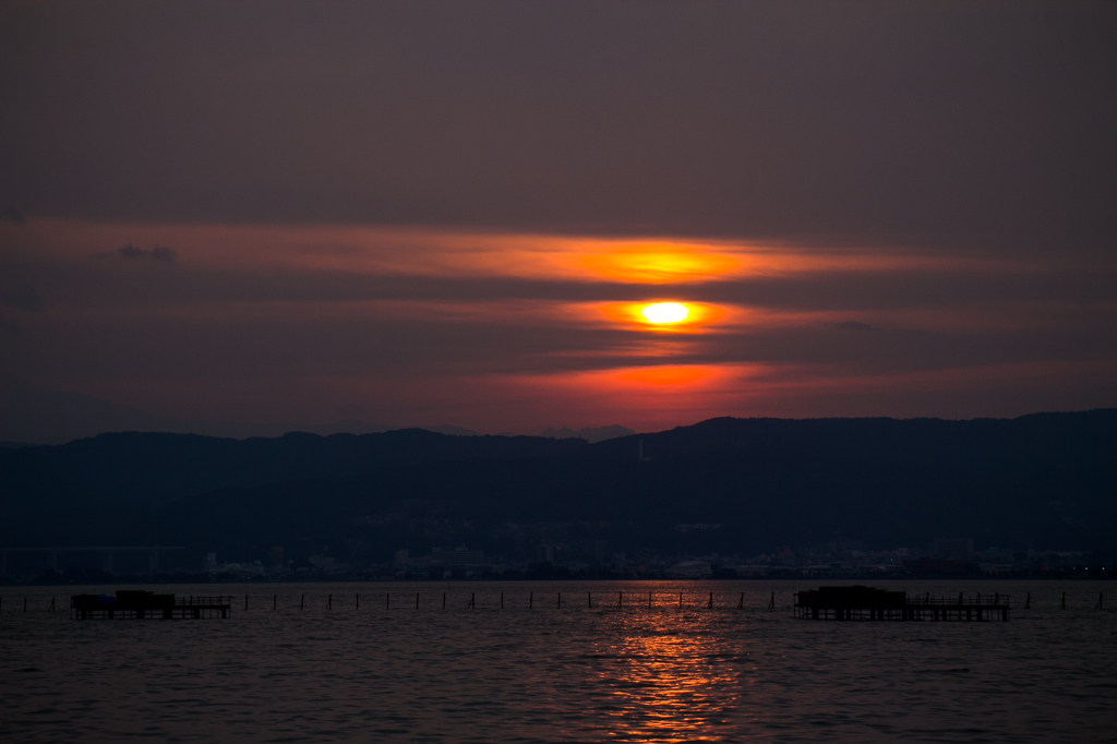 諏訪湖と夕日