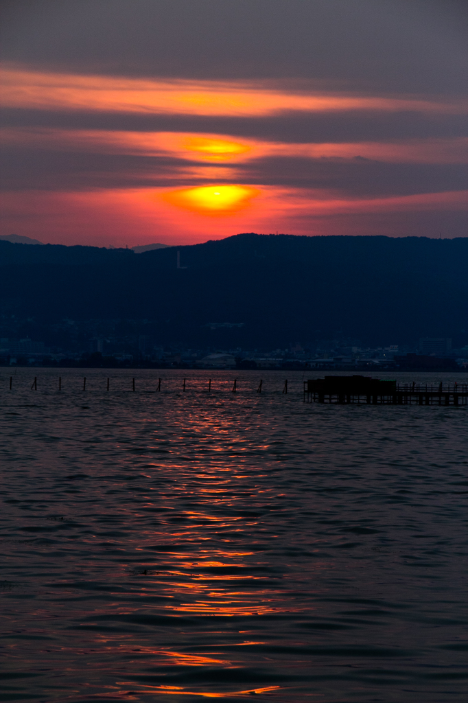 諏訪湖と夕日