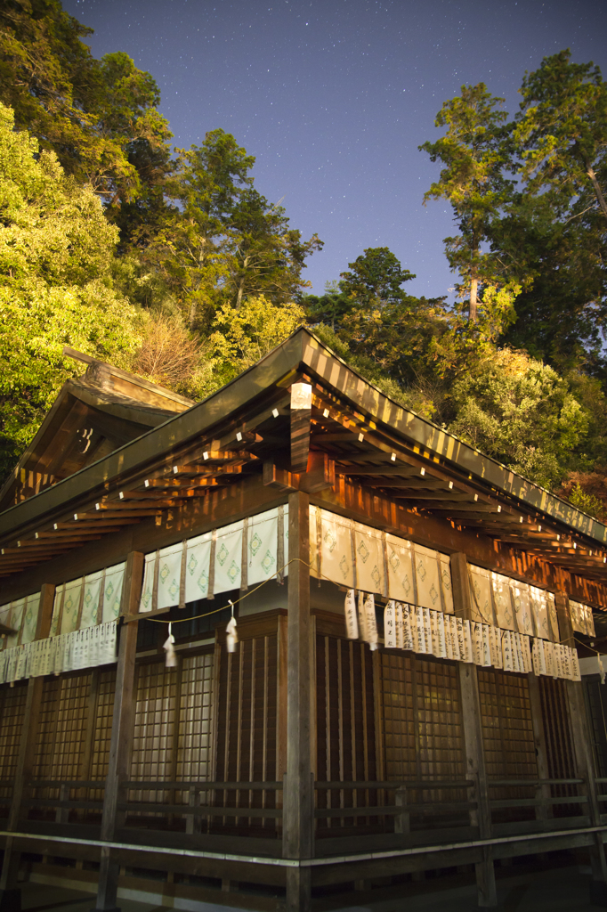 境内の建物と星空