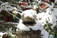 目を雪で覆われた狛犬