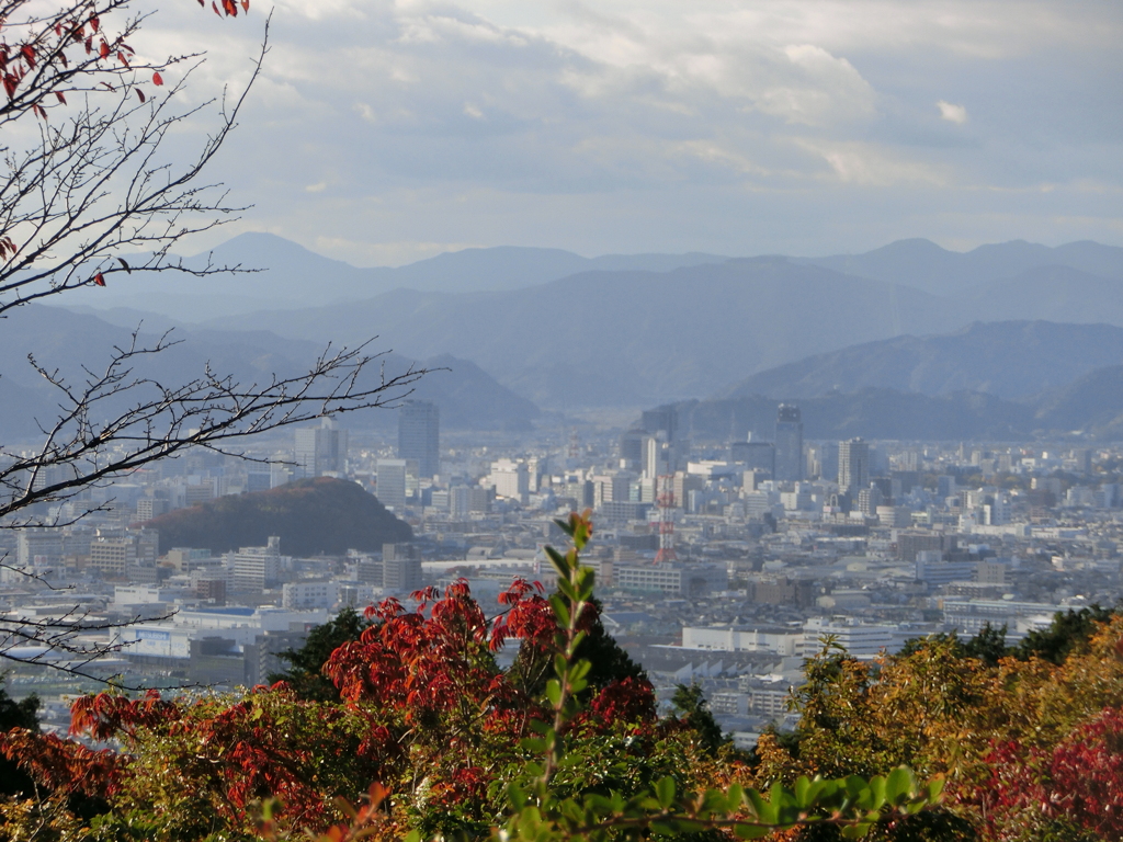紅葉の山から街の写真