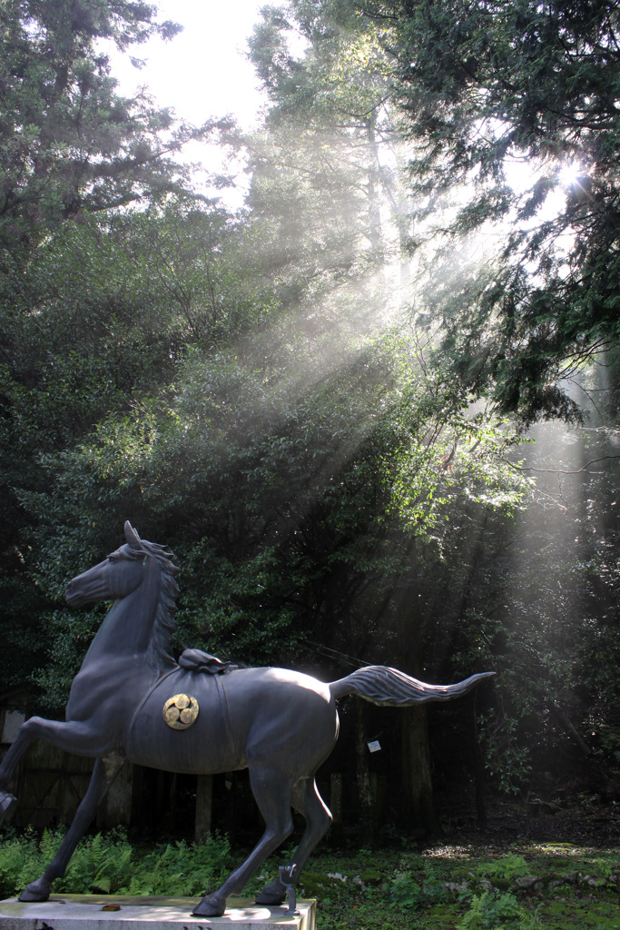 朝霧輝く奉納神馬像