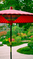 和傘と日本庭園