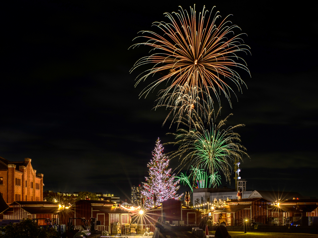 クリスマスツリーに花火を添えて