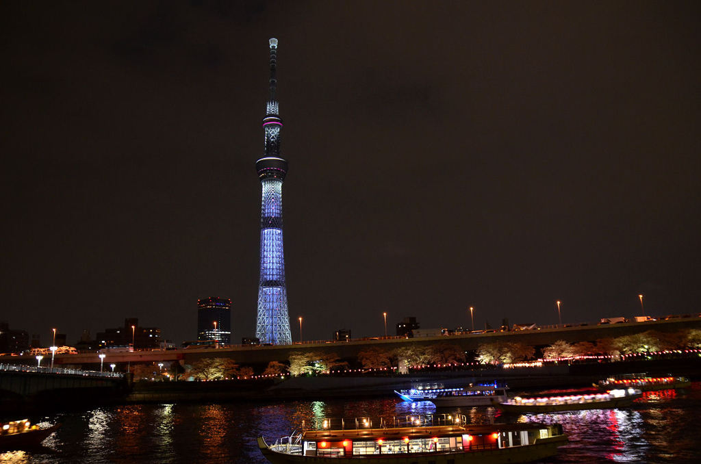 夜桜、屋形船、スカイツリー