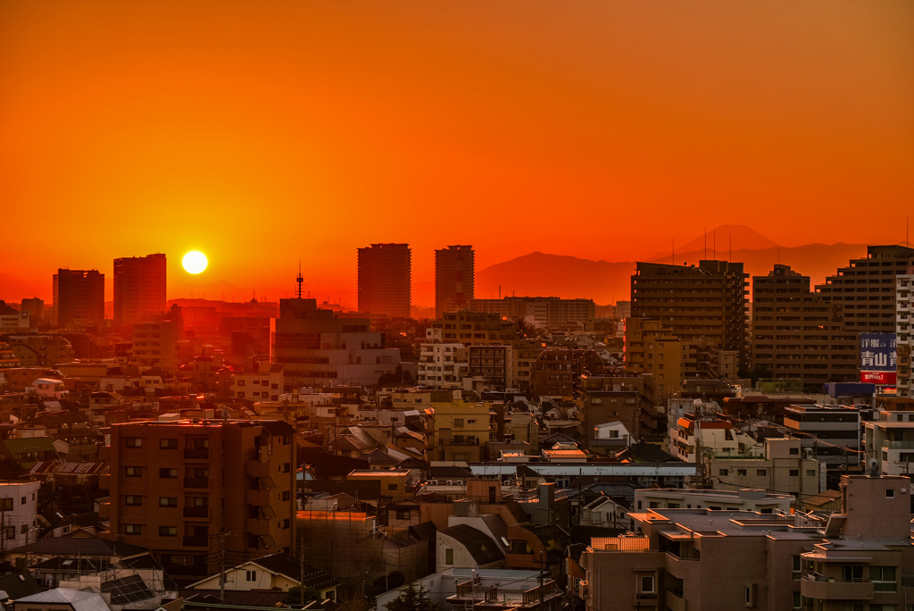 夕日と富士山