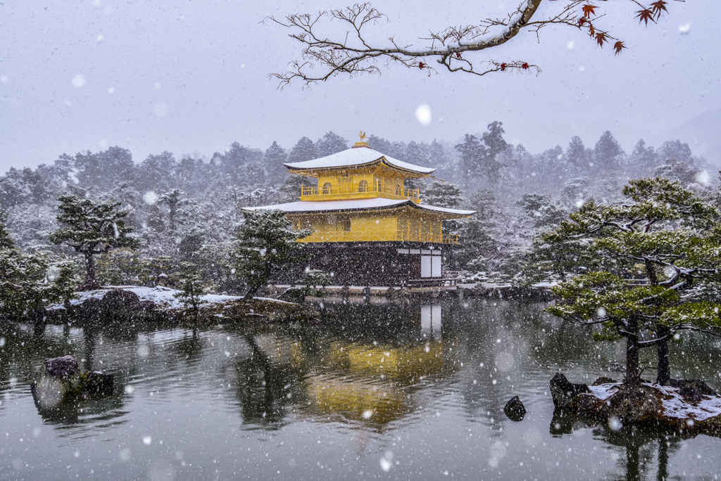 残り紅葉と雪の金閣寺