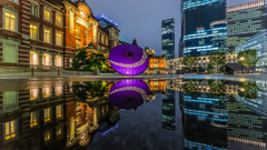 東京駅夜景 with 和傘2