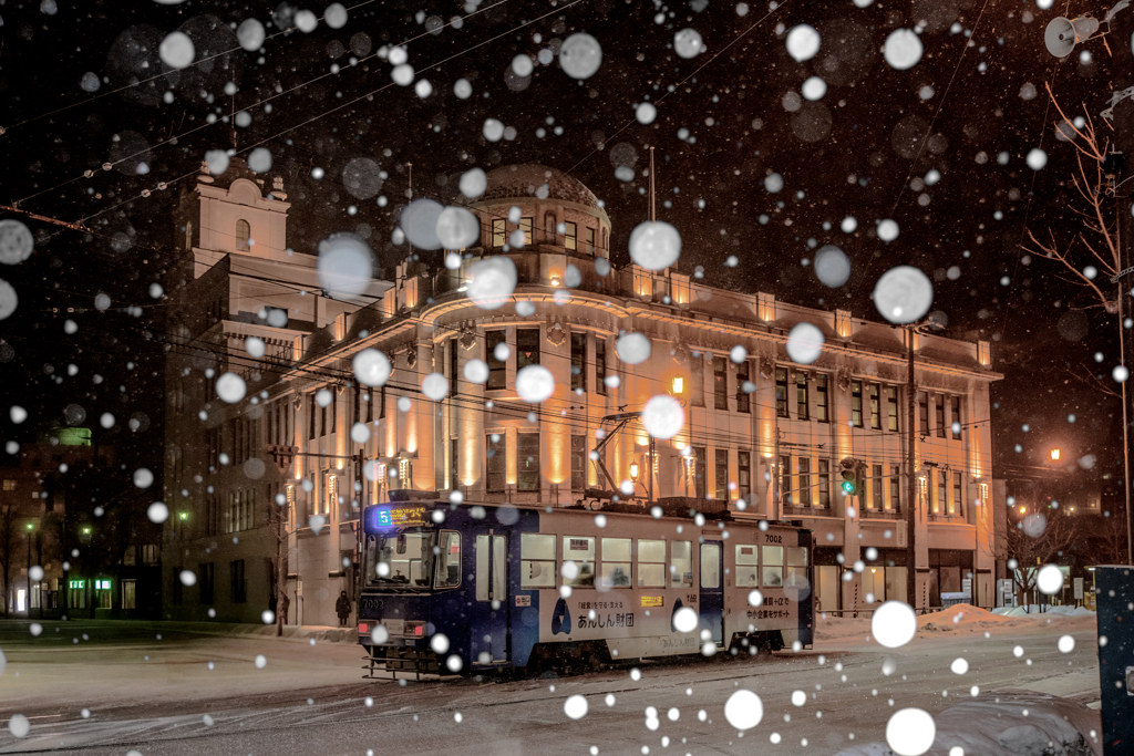 旧丸井今井呉服店函館支店と路面電車の雪景色