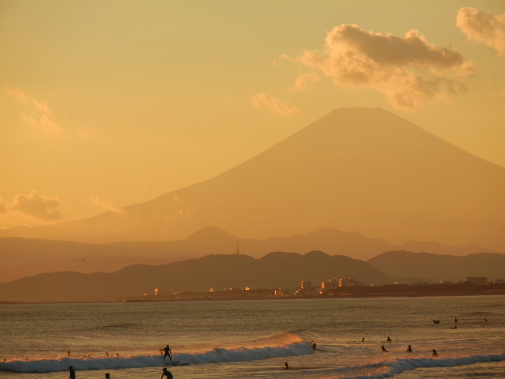 桃色の波と黄色の富士