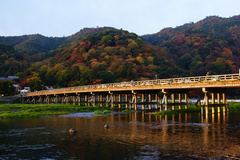 朝日に照らされる渡月橋