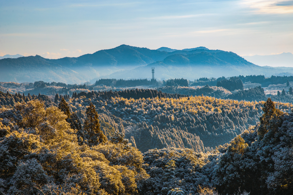 里山に淡雪残る朝