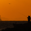 夕焼けの中の釣り人