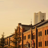 Evening red brick warehouse...