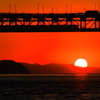 車・電車・下津井瀬戸大橋・夕日