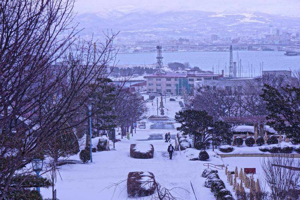 雪の函館。。海上自衛隊函館基地隊と函館港風景・・