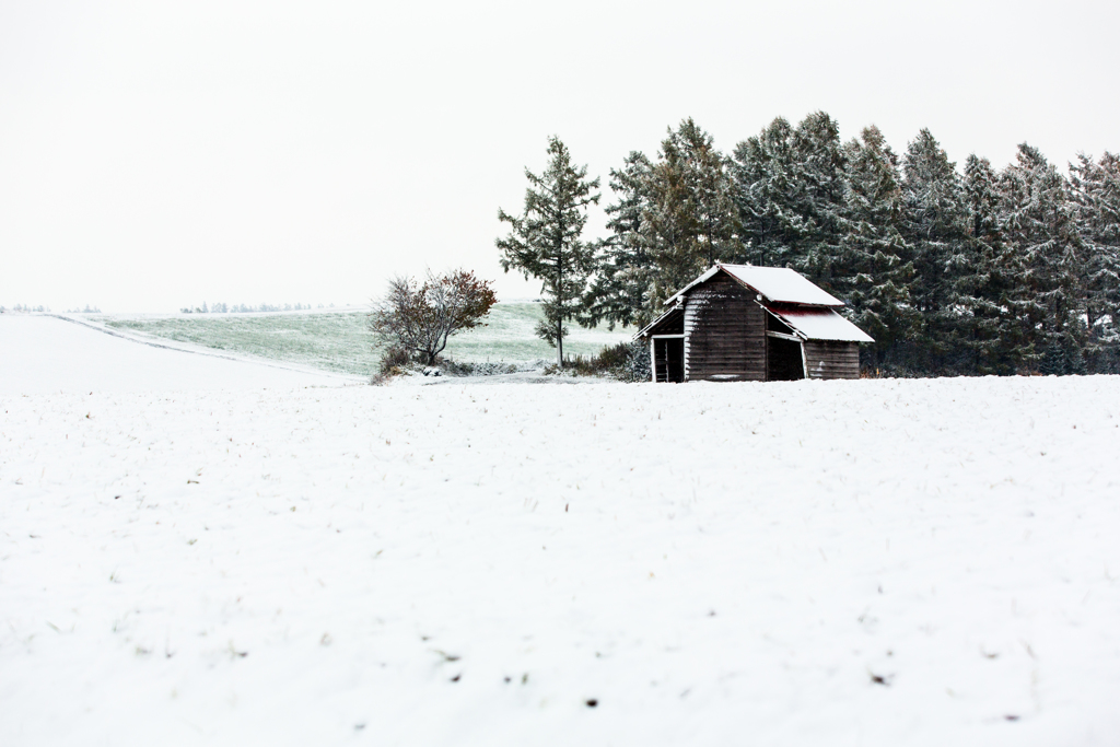 初雪　赤い屋根の小屋
