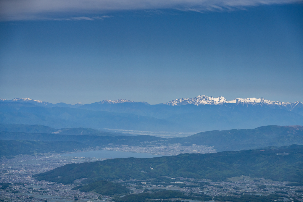編笠山から・諏訪湖を下に右に北アルプス、中央に御岳山、左に乗鞍岳