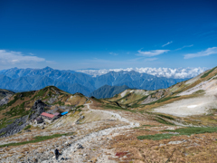 白馬頂上宿舎のコル・後ろは立山連峰