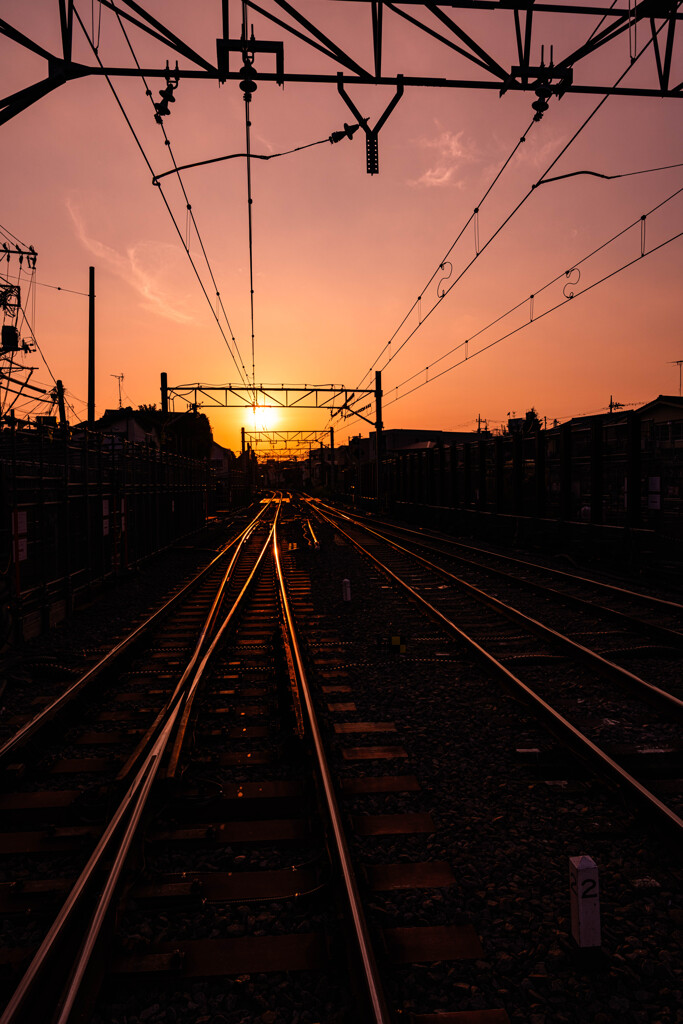 夕日が線路に