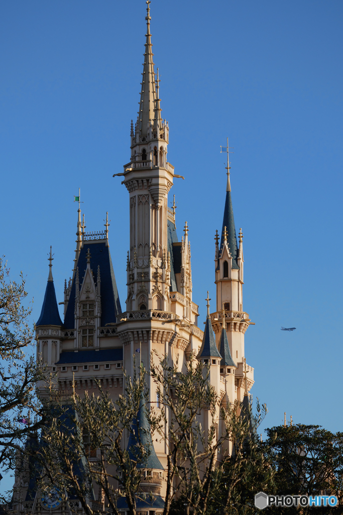 ディズニーランド　シンデレラ城と旅客機