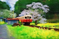 小湊鉄道での桜と菜の花(油彩)